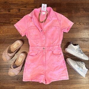 Pink Washed Romper With Buttons & Pockets